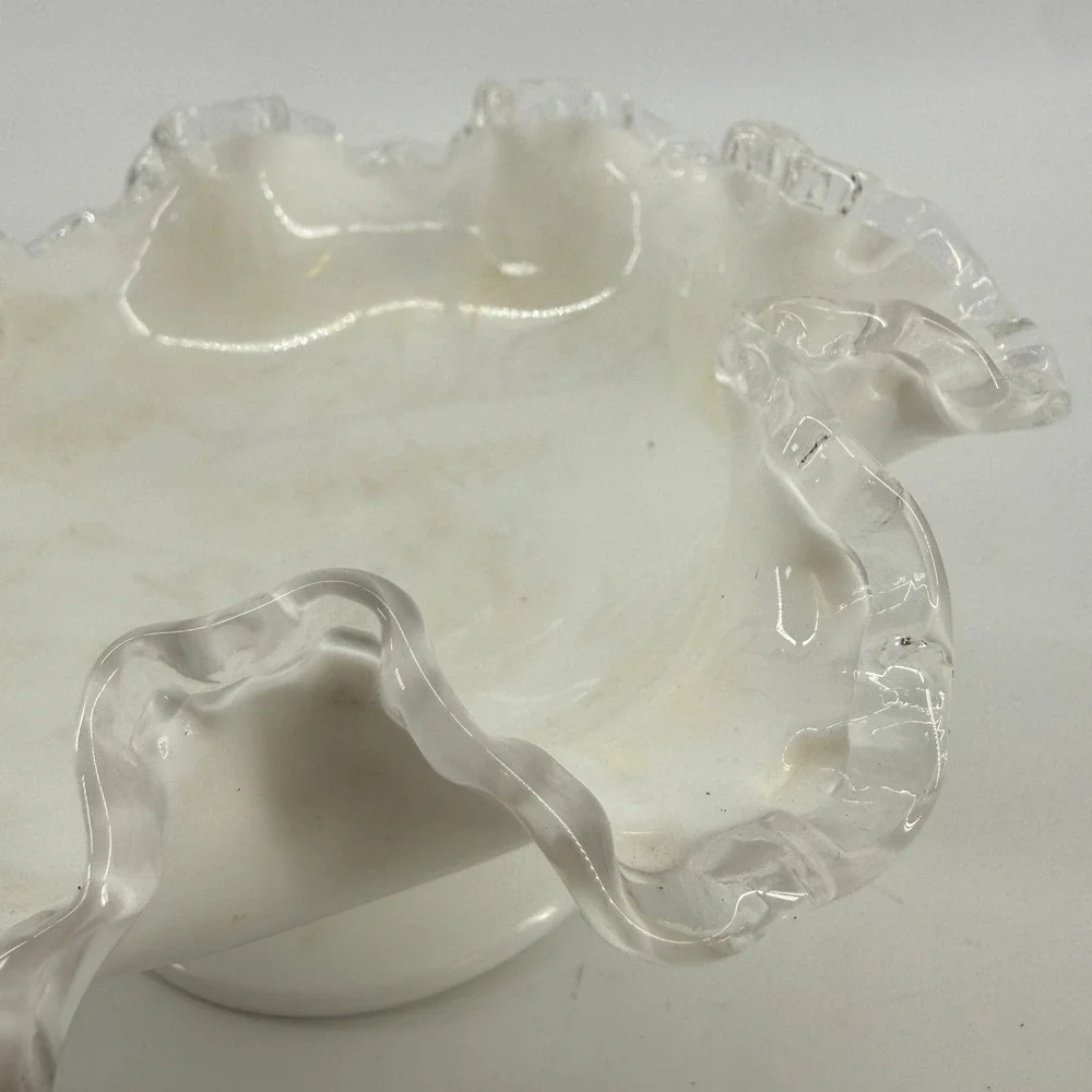 Vtg Fenton Silver Crest Milk Glass Compote Bowl Ruffled Edge Pedestal Candy Dish